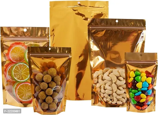 Useful 70 gm - 50 Pcs - Clear Front Shiny Gold (Back) Food grade Storage Pouches with Zipper