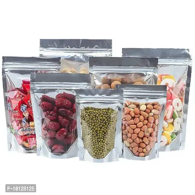 170 Gm Silver Transparent Reusable Plastic Zip Lock Stand Up Pouch Bags Transparent Window for Storage ( Pack of 50 Pcs )