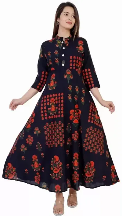 Kuruti B Sheets Women's Floral Printed Navy Blue Color Long Anarkali Kurti New Selection 2021 Designer Attractive Look Women's Kurta (KR-KRNB-L)