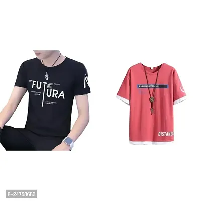 TP THUNDER PLANET Men's Pure Cotton Regular Fit Round Neck Half Sleeve Casual Printed Tshirt (Pink)(Combo Blk Futura + Pnk Distance Half)(Pack of 2)
