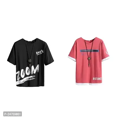 TP THUNDER PLANET Men's Pure Cotton Regular Fit Round Neck Half Sleeve Casual Printed Tshirt (Pink, M)(Combo Blk Zoom + Pnk.Distance Half)(Pack of 2)