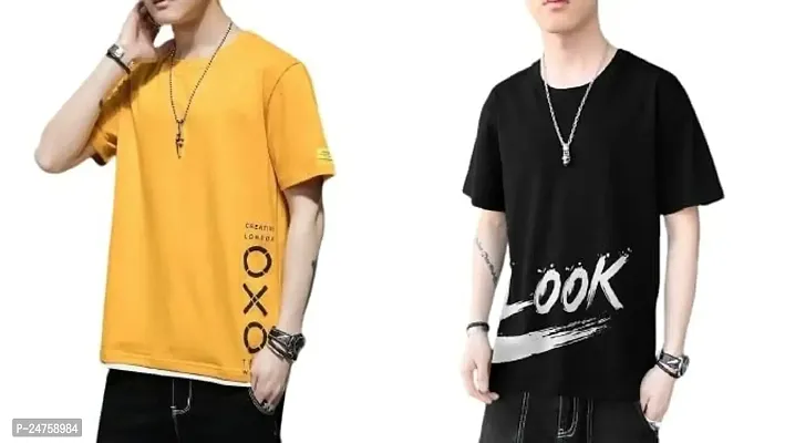 TP THUNDER PLANET Men's Pure Cotton Regular Fit Round Neck Half Sleeve Casual Printed Tshirt (Yellow)(Combo Must OXO + Blk Look Half)(Pack of 2)-thumb0