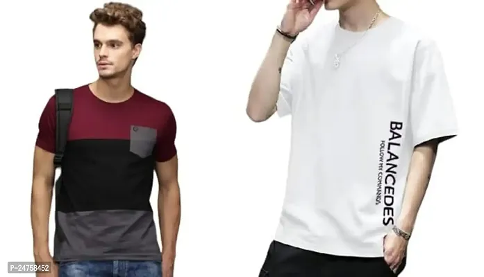 TP THUNDER PLANET Men's Pure Cotton Regular Fit Round Neck Half Sleeve Casual Printed Tshirt (Maroon)(Combo Gry Pocket + Wht Blancia Half)(Pack of 2)