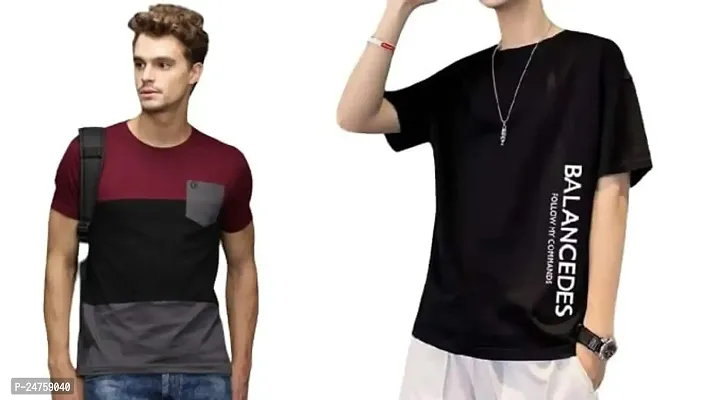 TP THUNDER PLANET Men's Pure Cotton Regular Fit Round Neck Half Sleeve Casual Printed Tshirt (Maroon)(Combo Gry Pocket + Blk Blancia Half)(Pack of 2)