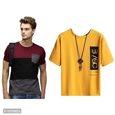 TP THUNDER PLANET Men's Pure Cotton Regular Fit Round Neck Half Sleeve Casual Printed Tshirt (Maroon)(Combo Gry.Pocket + M.Basic Half)(Pack of 2)