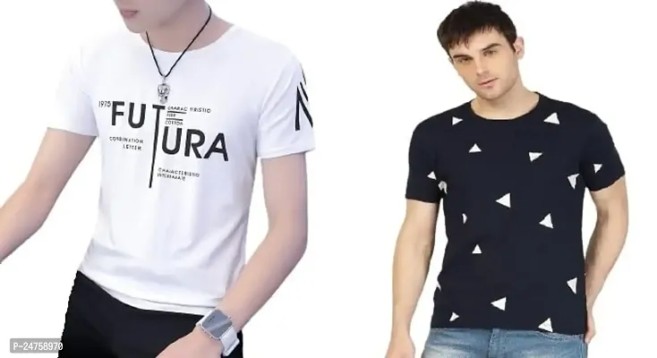 TP THUNDER PLANET Men's Pure Cotton Regular Fit Round Neck Half Sleeve Casual Printed Tshirt (White)(Combo W.Futura + B.Triangle Half)(Pack of 2)