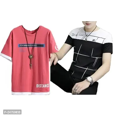 TP THUNDER PLANET Men's Pure Cotton Regular Fit Round Neck Half Sleeve Casual Printed Tshirt (Pink)(Combo Blk ZigZak + Pnk Distance Half)(Pack of 2)