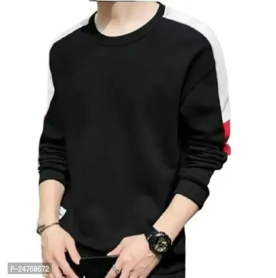 TP THUNDER PLANET Men's Pure Cotton Regular Fit Round Neck Full Sleeve Casual Color Block Tshirt (Black, L)(Black Red Chest Patti Full_XL)