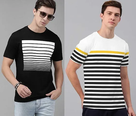 Elegant Blend Striped Round Neck Tees For Men- Pack Of 2