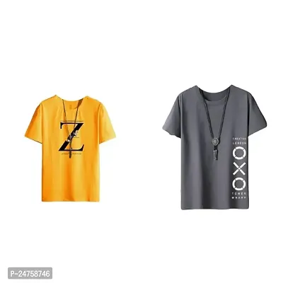 TP THUNDER PLANET Men's Pure Cotton Regular Fit Round Neck Half Sleeve Casual Printed Tshirt (Yellow)(Combo Must Z + Gry OXO Half)(Pack of 2)