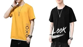 TP THUNDER PLANET Men's Pure Cotton Regular Fit Round Neck Half Sleeve Casual Printed Tshirt (Yellow)(Combo Must OXO + Blk Look Half)(Pack of 2)-thumb1
