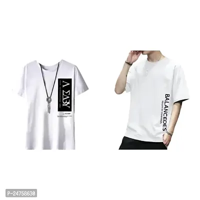 TP THUNDER PLANET Men's Pure Cotton Regular Fit Round Neck Half Sleeve Casual Printed Tshirt (White)(Combo Wht Eway + Wht Blancia Half)(Pack of 2)