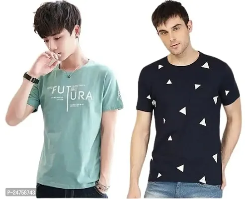 TP THUNDER PLANET Men's Pure Cotton Regular Fit Round Neck Half Sleeve Casual Printed Tshirt (Light Green)(Combo Grn.Futura + N.Triangle Half)(Pack of 2)