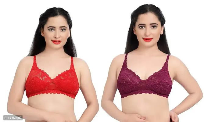 Tuck N Go Lace Bra for Women|Non-Padded Wirefree Soft Net Bra|Regular Everyday Bra for Ladies  Girls (Pack of 2) Red Maroon
