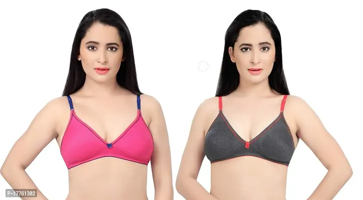 Tuck N Go Womenrsquo;s Cotton Non-Padded Non-Wired Bra | Single Hook Dual Colour Regular Bra for Ladies  Girls (Pack of 2)-thumb0