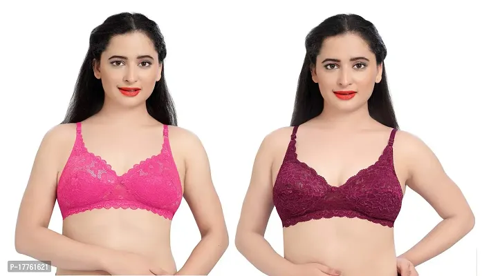 Tuck N Go Lace Bra for Women|Non-Padded Wirefree Soft Net Bra|Regular Everyday Bra for Ladies  Girls (Pack of 2) Pink Maroon