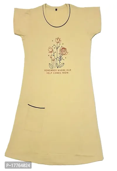 Tuck N Go Women's Cotton Nightgown Sleepwear Knee Length Short Sleeves Shirt Casual Print Sleepdress with Pocket | Soft Sleepshirt for Ladies  Girls Beige-thumb3