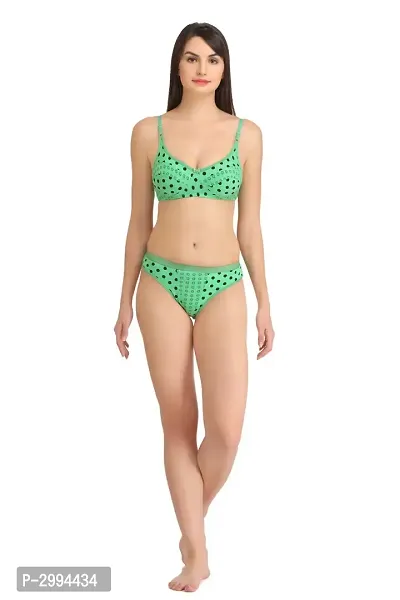 Green Cotton Spandex Bra  Panty Set For Women's