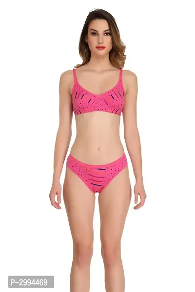 Pink Cotton Spandex Bra  Panty Set For Women's