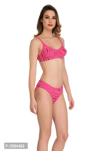 Pink Cotton Spandex Bra  Panty Set For Women's-thumb3