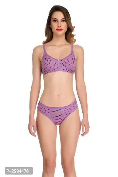 Purple Cotton Spandex Bra  Panty Set For Women's