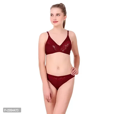 Maroon Cotton Spandex Bra  Panty Set For Women's