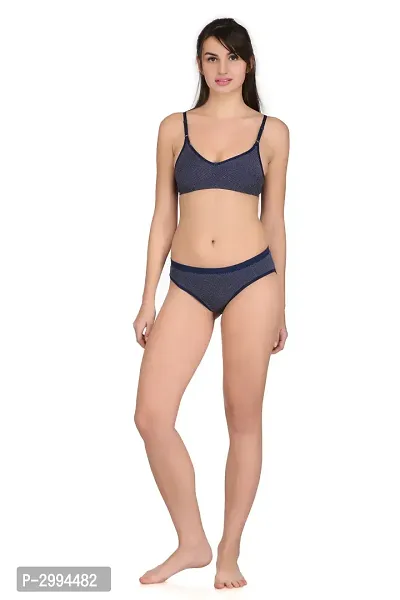 Blue Cotton Spandex Bra  Panty Set For Women's-thumb0