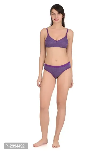 Purple Cotton Spandex Bra  Panty Set For Women's