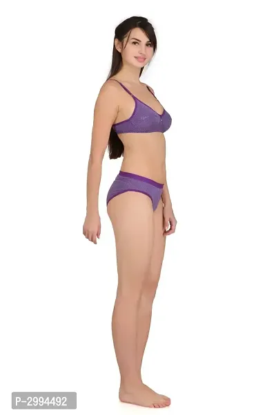 Purple Cotton Spandex Bra  Panty Set For Women's-thumb2