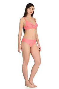 Pink Cotton Spandex Bra  Panty Set For Women's-thumb1