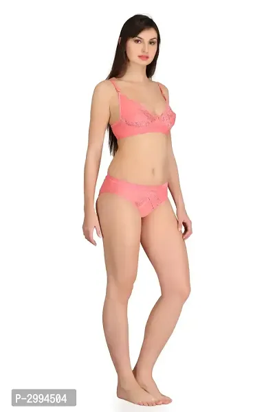 Pink Cotton Spandex Bra  Panty Set For Women's-thumb2