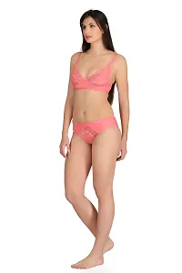 Pink Cotton Spandex Bra  Panty Set For Women's-thumb3