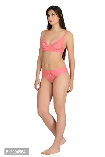 Pink Cotton Spandex Bra  Panty Set For Women's-thumb4