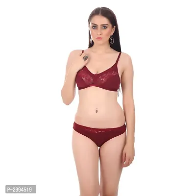 Maroon Cotton Spandex Bra  Panty Set For Women's-thumb0