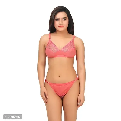 Pink Cotton Spandex Bra  Panty Set For Women's