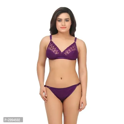 Purple Cotton Spandex Bra  Panty Set For Women's