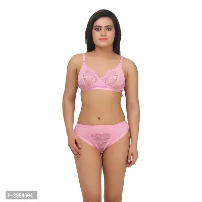 Pink Cotton Spandex Bra  Panty Set For Women's