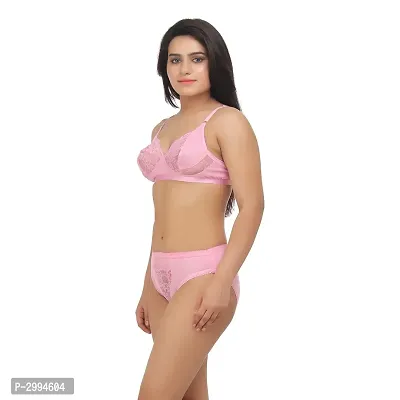 Pink Cotton Spandex Bra  Panty Set For Women's-thumb4