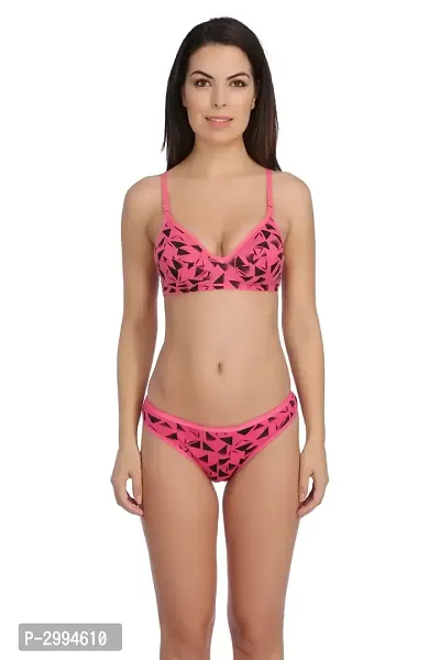 Pink Cotton Spandex Bra  Panty Set For Women's