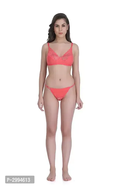 Pink Cotton Spandex Bra  Panty Set For Women's