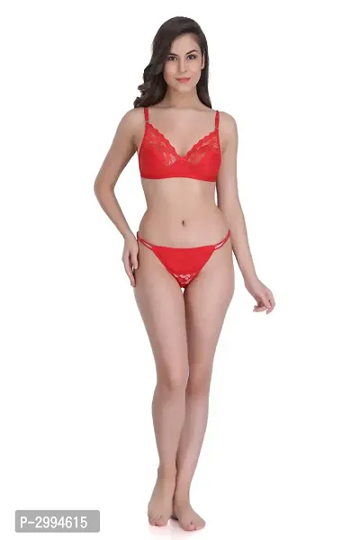 Red Cotton Spandex Bra  Panty Set For Women's