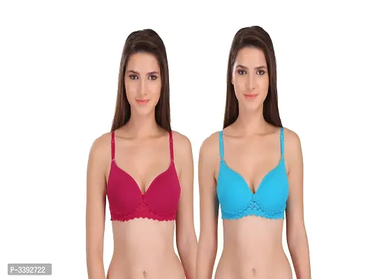 Maroon  Sky Blue Hosiery Solid Paded Bra For Women Pack Of 2-thumb0