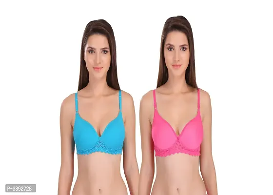 Sky Blue  Pink Hosiery Solid Paded Bra For Women Pack Of 2-thumb0