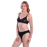 Elegant Black Cotton Blend Lace Work Lingerie Set For Women-thumb2