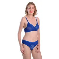 Elegant Blue Cotton Blend Lace Work Lingerie Set For Women-thumb1