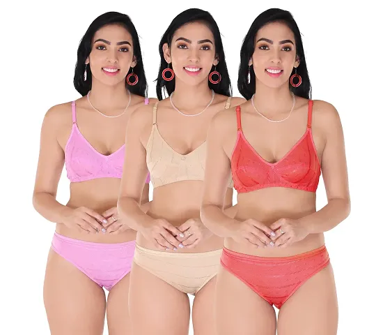 Womens Fancy Solid Matching Bra Panty Set/Lingerie Set - Set Of 3