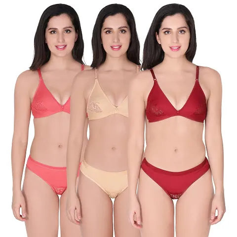 Stylish Solid Bra Panty Set For Women Pack of 3