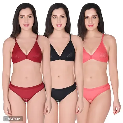 Women Solid Cotton Lingerie Set Pack Of 3-thumb0