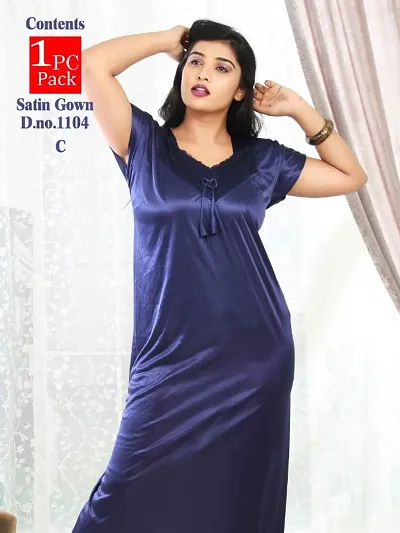 Womens Fancy Satin Solid Night Gowns