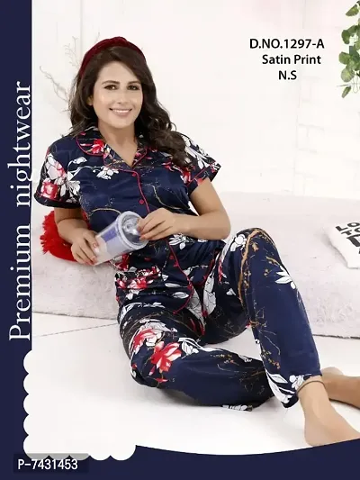 Stylish Fancy Printed Satin Night Suit Set For Women Pack Of 1-thumb0